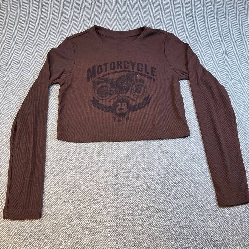 Brown Ribbed Long Sleeve Cropped Graphic T-Shirt Motorcycle Moto Biker Size M